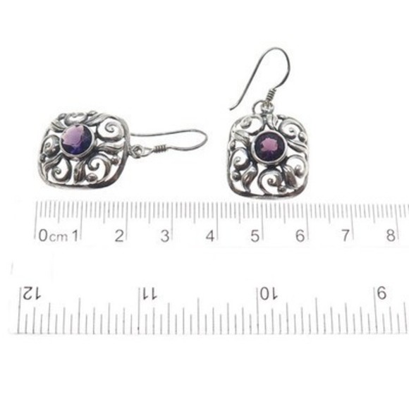 925 Sterling Silver Vintage Real Amethyst Floral Oxidized Dangle Earrings - Picture 3 of 7